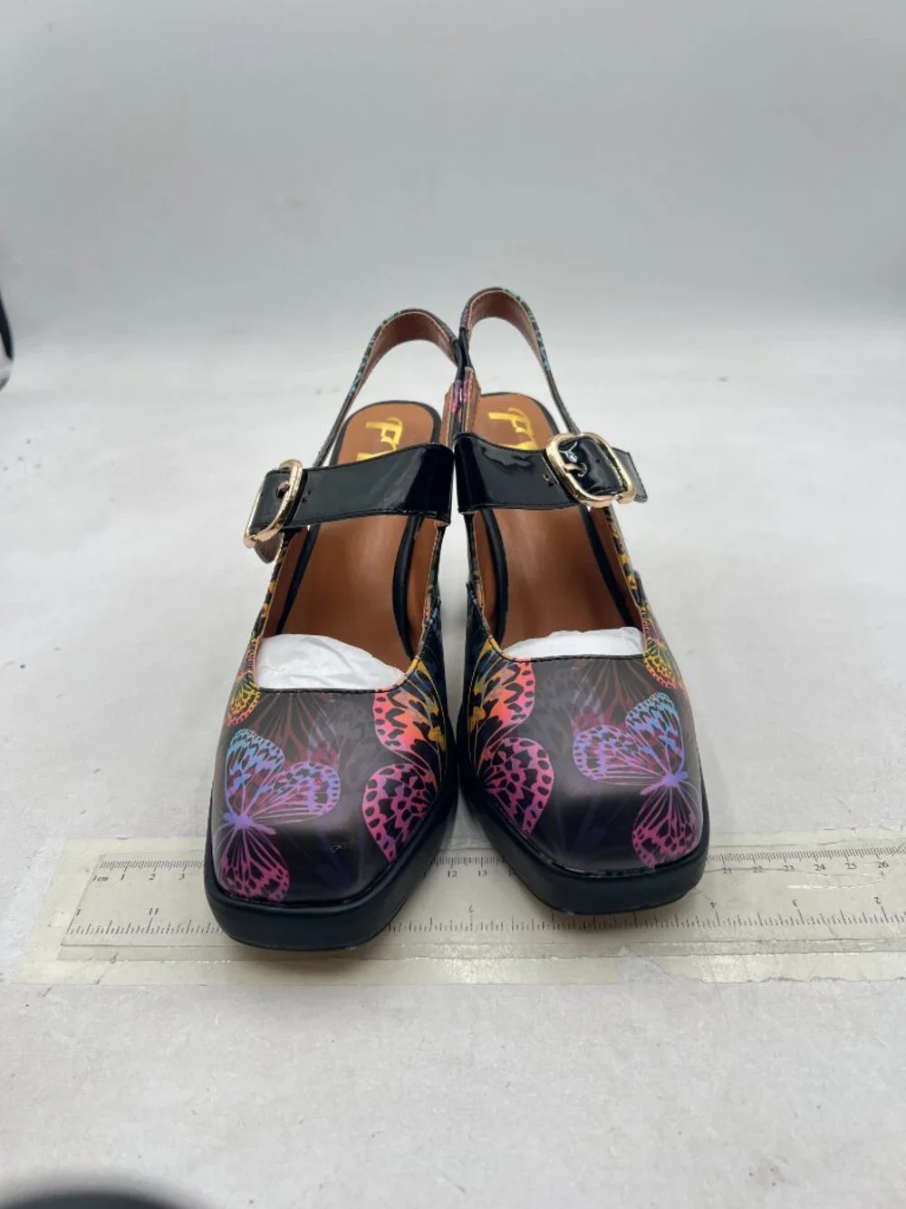 FYS Black Butterfly Platform Square Toe Pumps Chunky High Heel Mary Janes Shoes